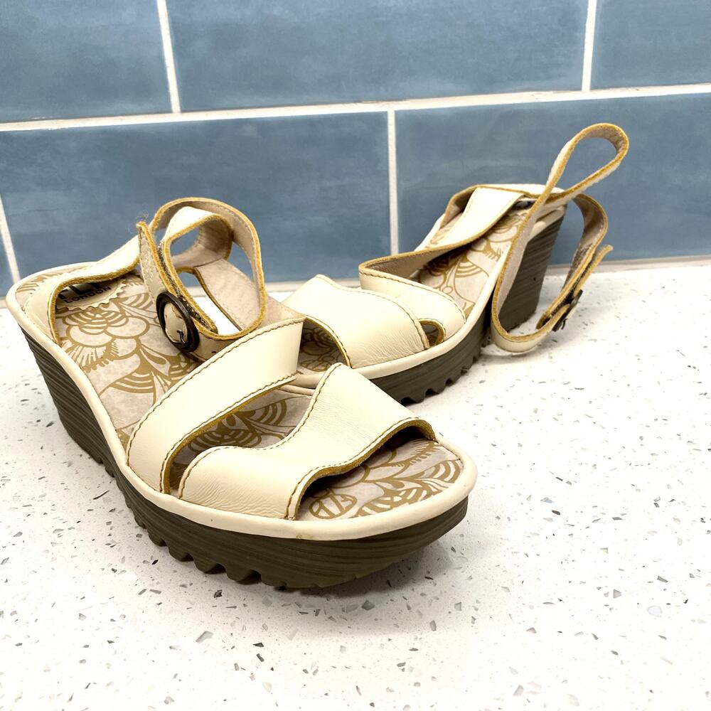 fly‎ london yesk leather wedge heel ankle wrap strap sandals 37 neutral boho